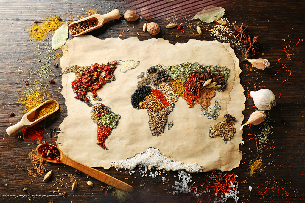 Ingredients and packaging. World map with ingredients
